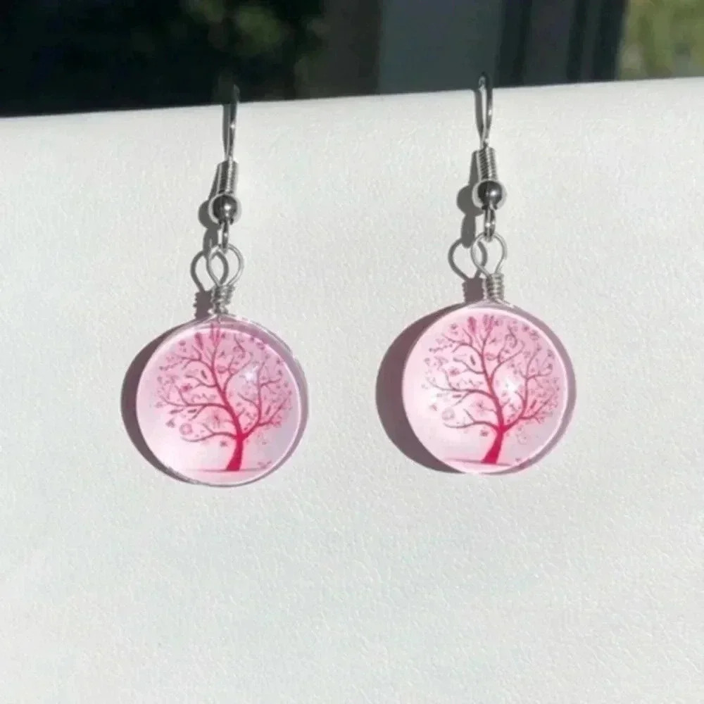 Red & Soft Pink Glass Tree 3D Drop Earrings NWT